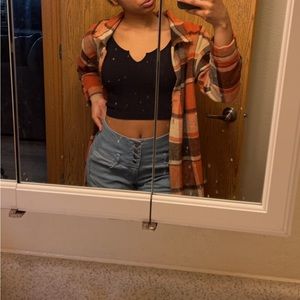 Long orange and brown plaid sweater